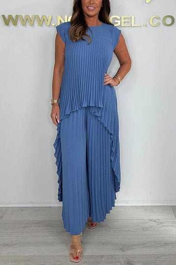 Short-Sleeved Pleated Top And Wide-Leg Pants