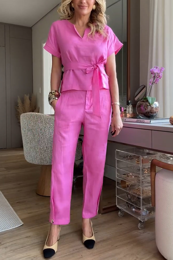 Linen Blend Tie-up Short Sleeve Top Pants Set