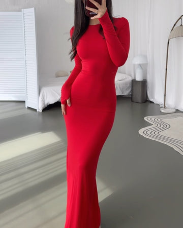 Solid Crewneck Long Sleeve Dress