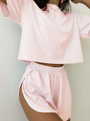 2-Piece Casual Knit Homewear Set: Loose-Fit Long Sleeve Top with Side Split & Shorts