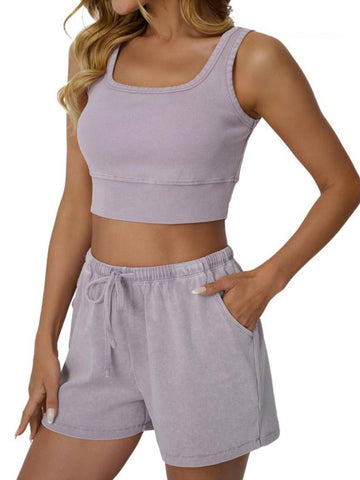 Womes Cropped Casual Acid Wash Ribbed Vest 2-Piece Set
