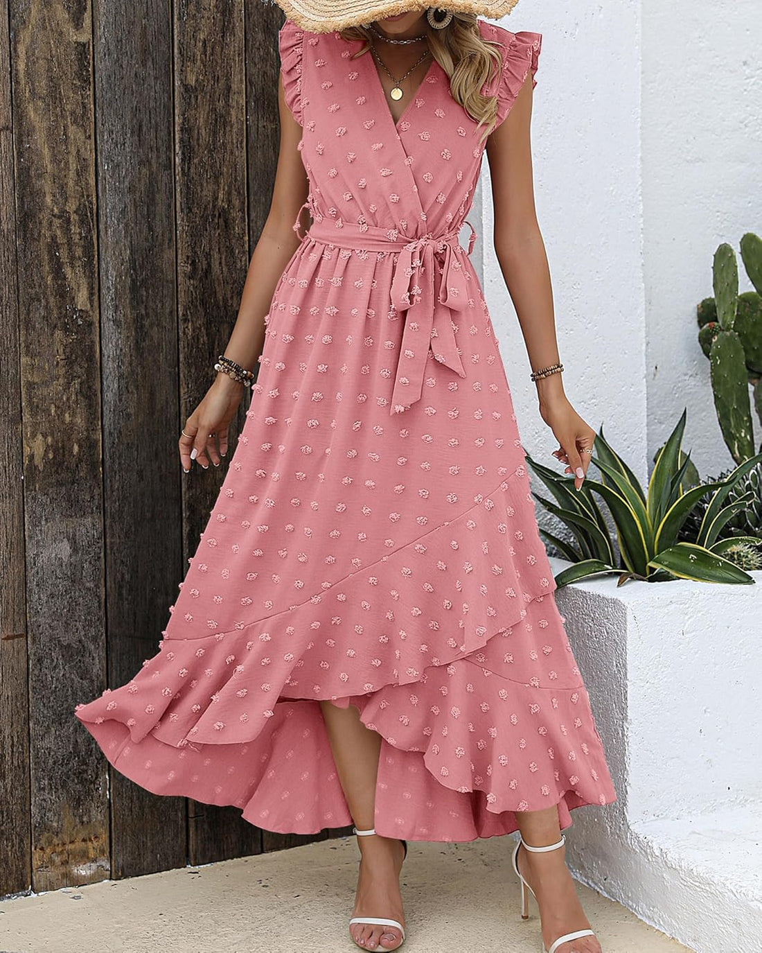 Women's Ruffle Cap Sleeve Swiss Dot Boho Maxi Dress