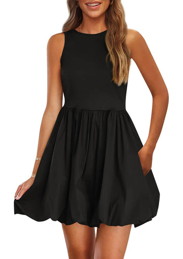 Women's Casual Crew Neck Sleeveless Tank Bubble Dress with Pockets
