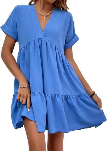 Women's Casual Plain V Neck Batwing Sleeve Dress