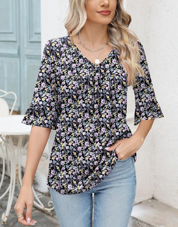 Women 3/4 Length Sleeve V-Neck Casual Ruffle Sleeve Tunic Blouses