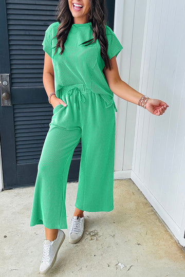 Women's Ribbed Short Sleeve T Shirt and Wide Leg Pants Set