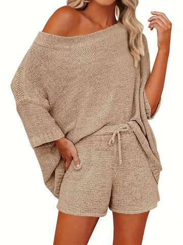 Women's Off Shoulder Knit Top and Drawstring Shorts Casual Pajama Set