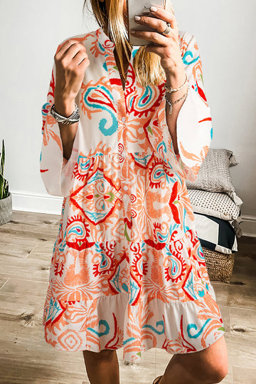 Women's Print Boho Button 3/4 Sleeve Tiered Babydoll Dress