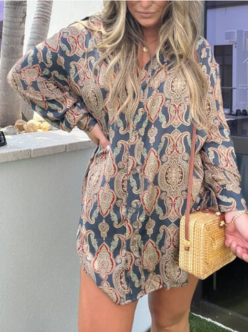 Printed Long Sleeve Casual Shirt Dress