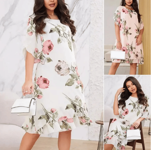 Elegant Women's Half-Sleeved Chiffon Dress With Print