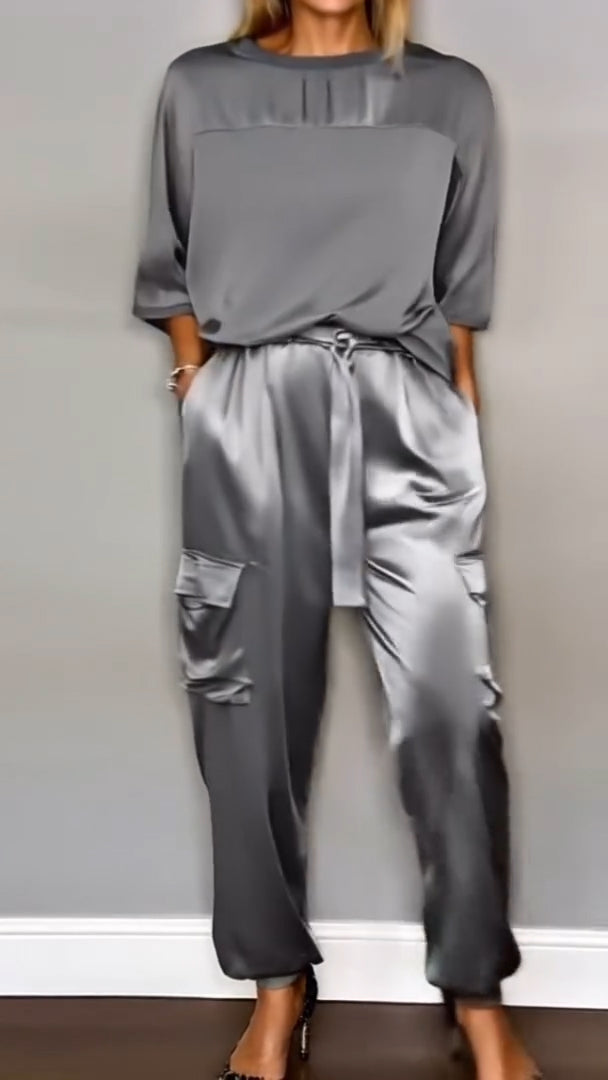 Women's Round Neck Patchwork Top + Pants Casual Suit