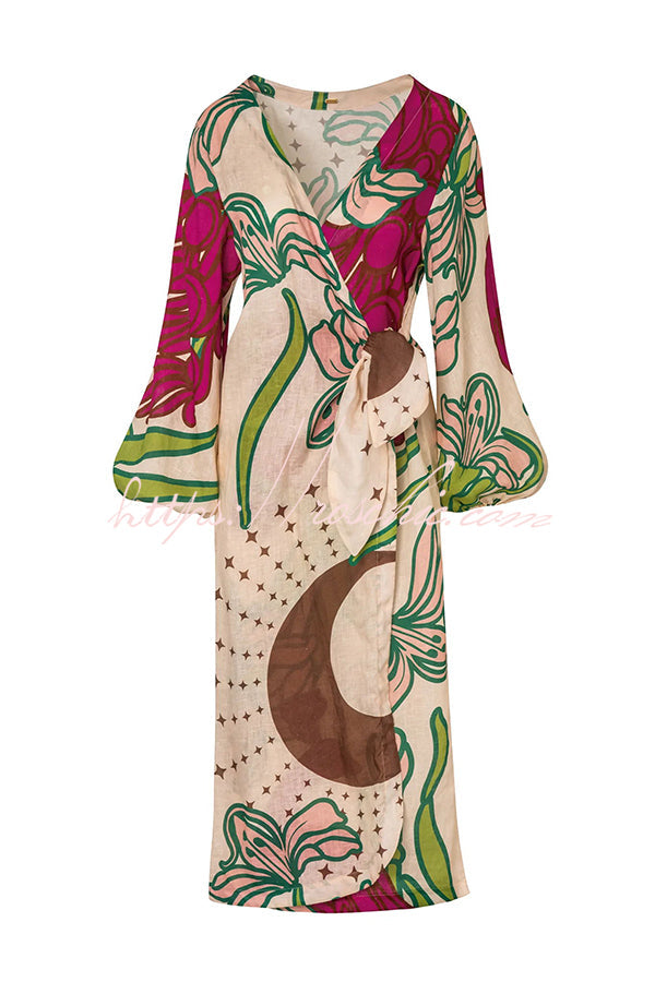 Linen Blend Unique Print Balloon Sleeve Tie-up Tunic Maxi Dress