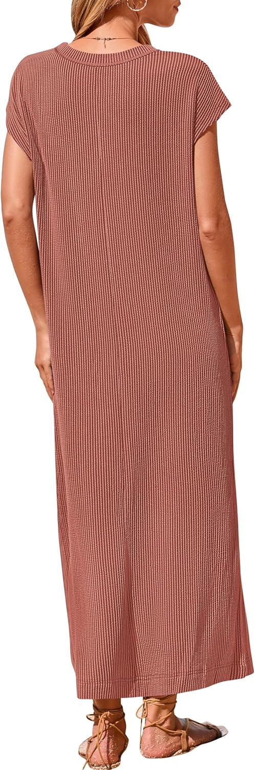 Women's Ribbed Henley Button Up Split Long Dress