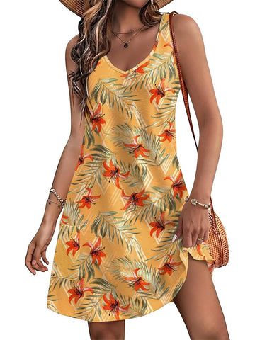 Women's Casual Floral V Neck Loose Tank Dress with Pockets