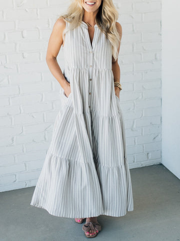 V Neck Striped Button Front Tiered Dress