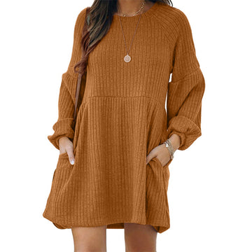 Textured Ribbed Pocket Bishop Sleeve Crewneck Dress