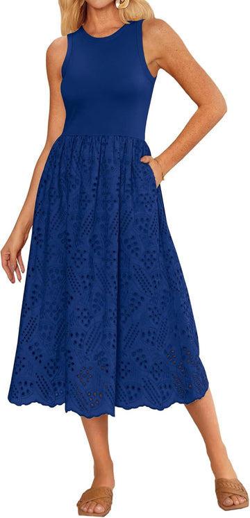 Eyelet Crewneck Casual Sleeveless Tank Dress With Pockets