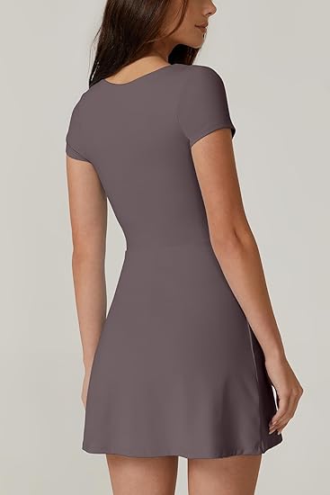 Women's Square Neck Tennis Dress Short Sleeve Built-in Shorts