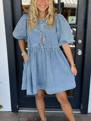 Bow Tie Puff Sleeve Denim Dress