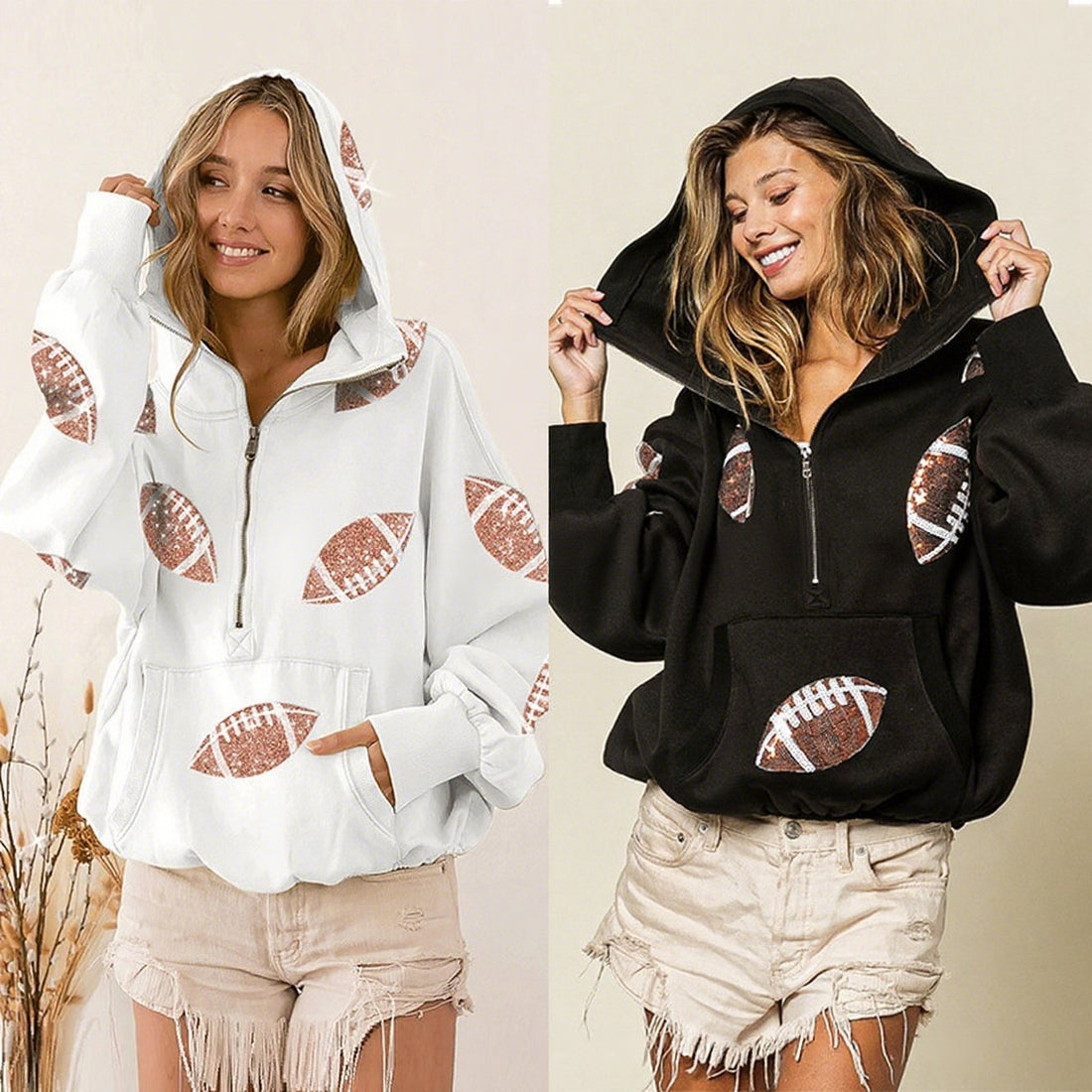 'Glam Kickoff' Football Game Day Long Sleeve Half-Zip Hoodie