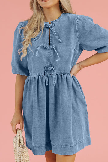 Women's Bowknot Round Neck Half Sleeve Denim Dress With Pockets