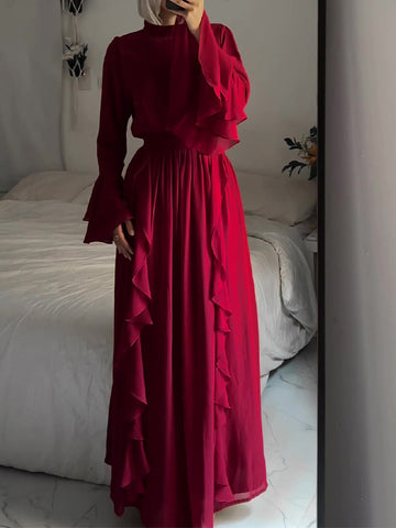 Red Wooden Ear Trim Patchwork Dress