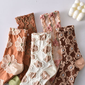 5 Pairs Women's Elegant Embossed Floral Cotton Socks
