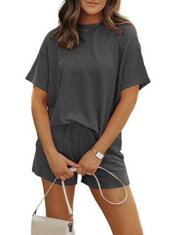 Women's Ribbed Textured Knit Loose Lounge Shorts 2 Piece Set