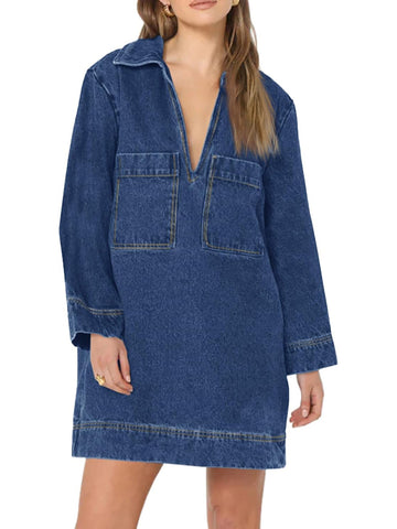 Womens Denim Shirt Dress Collared V Neck Mini Casual Jean Dresses with Pockets