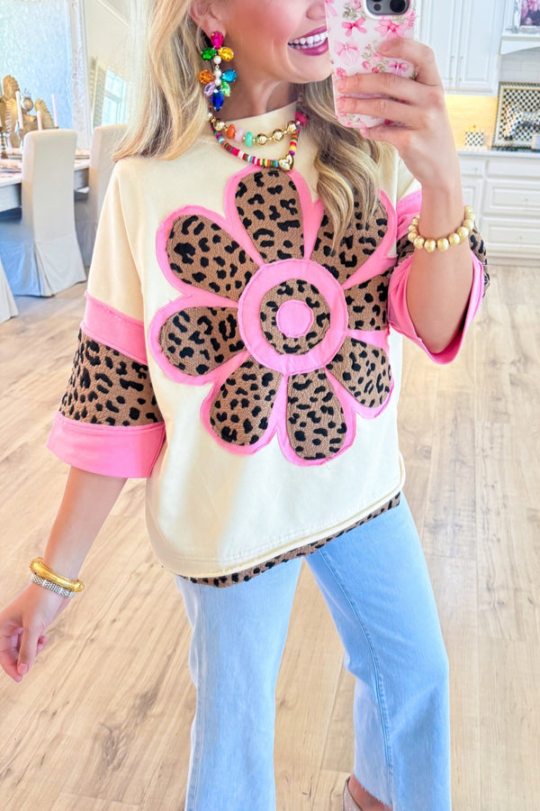 Women's Round Neck Casual Leopard Print Flower Top