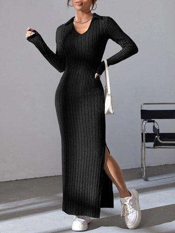 Knitted Fitted Lapel Long Sleeve Ribbed Dress