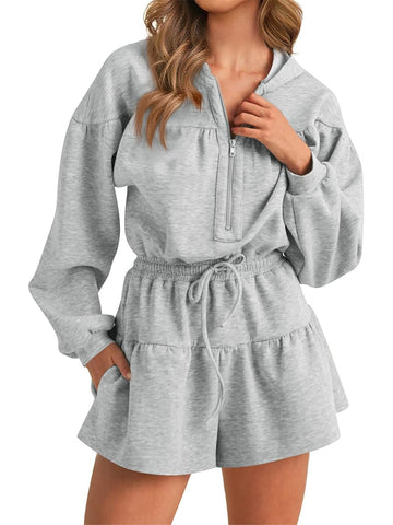 Women's Half Zip Long Sleeve Hoodies Drawstring Shorts Rompers