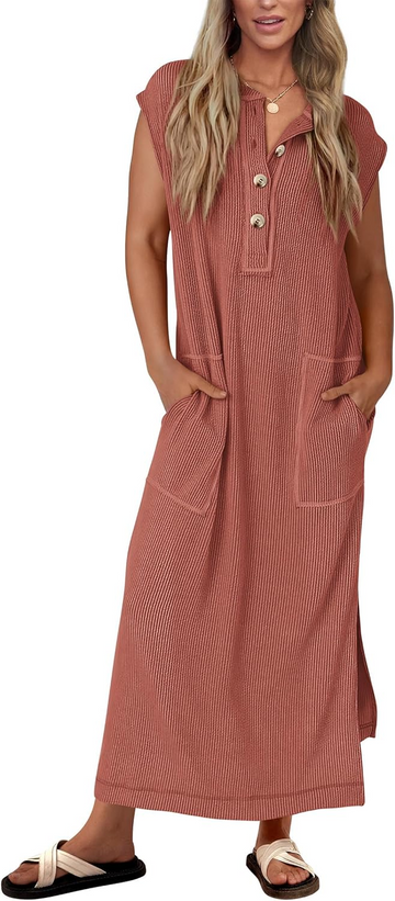 Women's Ribbed Henley Button Up Split Long Dress