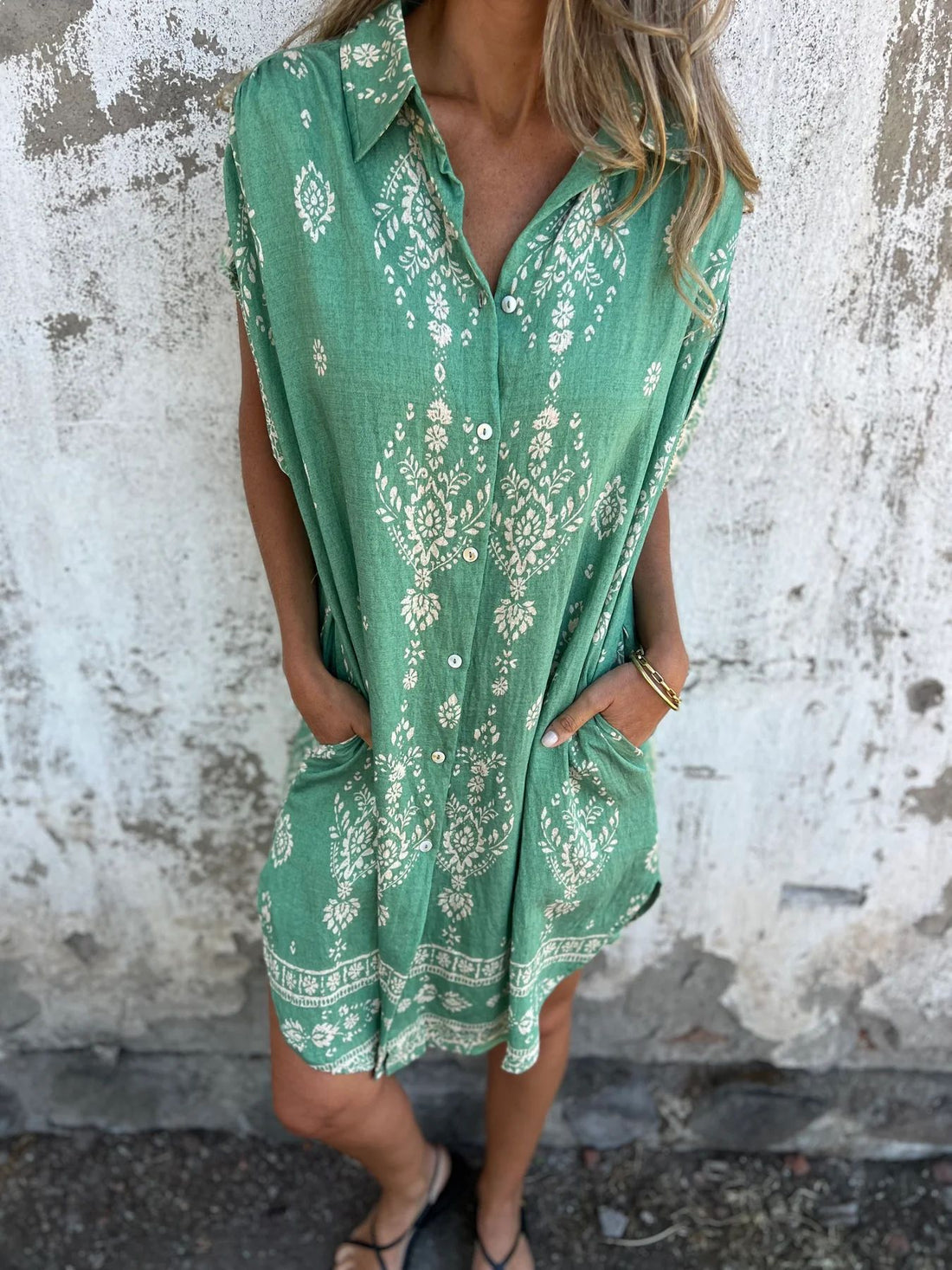 Fit & Flare Printed Short Sleeve Dress with Pockets