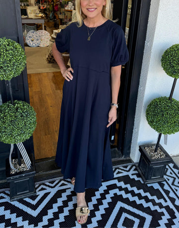 Women's Solid Color Puff Sleeve Round Neck Long Dress