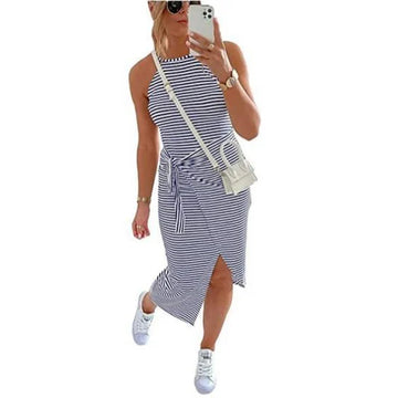 Vacation Casual Sleeveless Striped Midi Dress