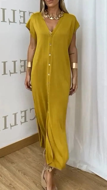 V Neck Slit Short Sleeved Button Up Skirt Fashion Sense Full