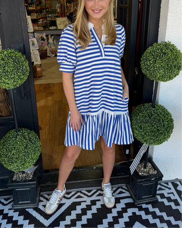 Women's V-neck Striped Layered Puff Sleeve Dress