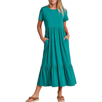 Women's A line Tiered Flowy Short Sleeve T Shirt Long Casual Maxi Dress