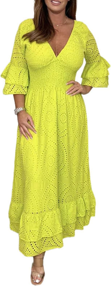 V-Neck Embroidery Anglaise Maxi Dress