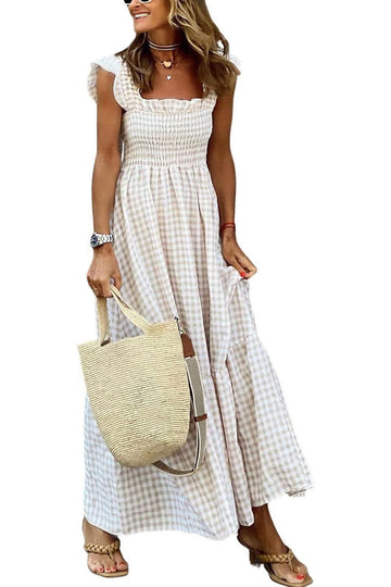 Women's Retro Plaid Smocked Dress Spaghetti Strap Flounce Long Dress With Pockets
