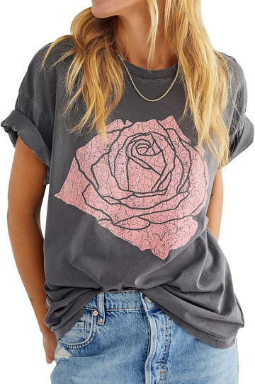 Rose Pattern Round Neck Casual Short Sleeves