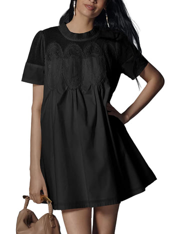 Womens Babydoll Lace Patchwork Ruffle Sundress Loose Crew Neck A-Line Dresses