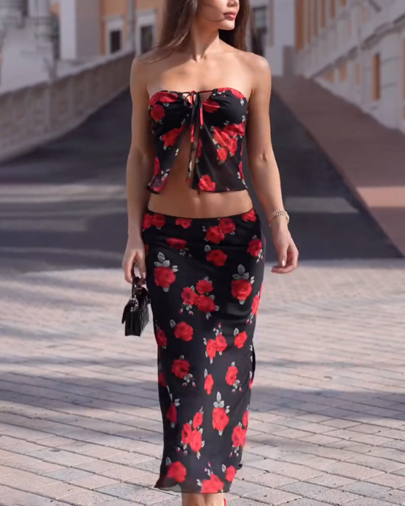 Sexy Rose Strapless Top & Split Skirt Two-Piece Set