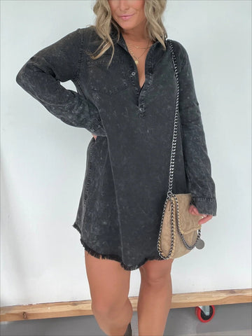 Long Sleeve Denim Washed Shirt Dress