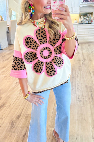 Women's Round Neck Casual Leopard Print Flower Top