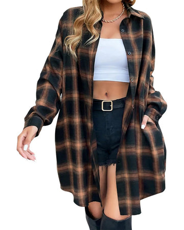 🔥Women's Autumn Button Down Flannel Shirts Plaid Shacket Collared Long Jacket Coats