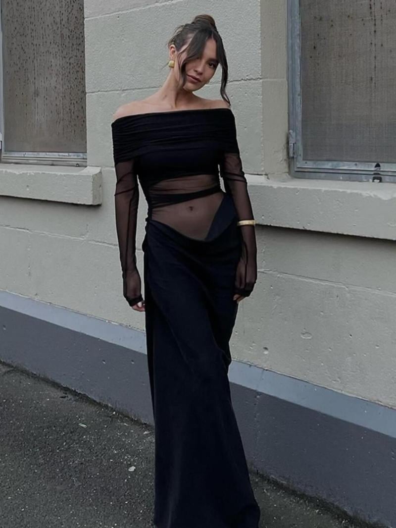 Off Shoulder Ruched Sheer Mesh Dress