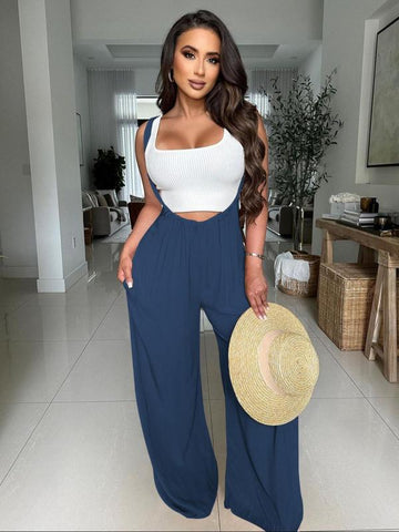 Women's Drawstring Tie Back Wide Leg Pocket Suspender Pants