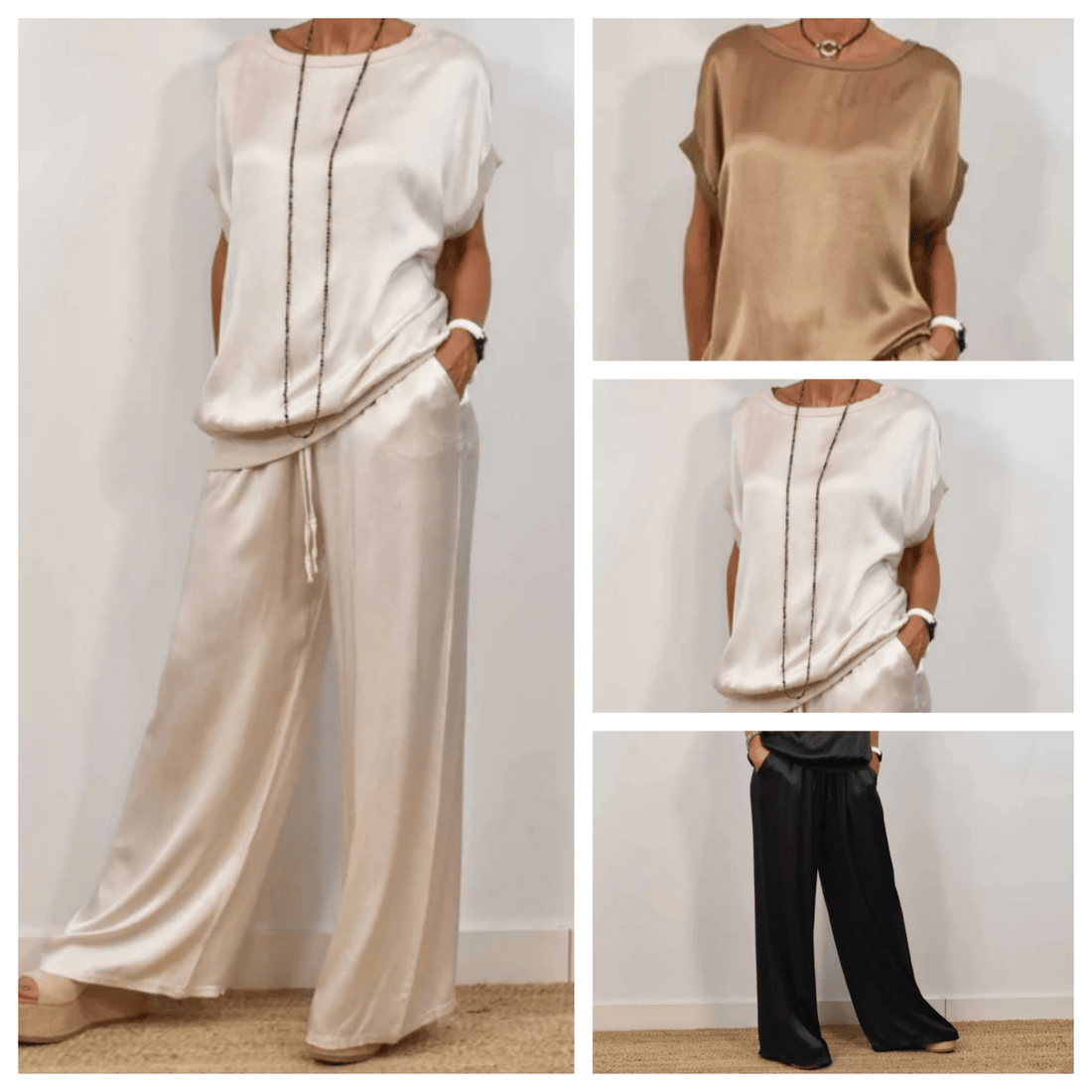 Cozy Satin Short Sleeved Top Wide Leg  Pant Casual Suit